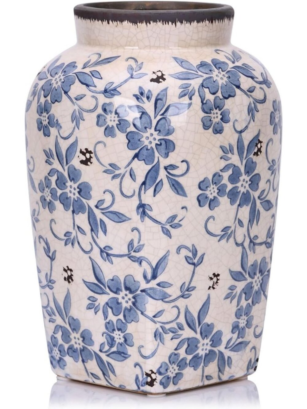 Vintage Blue and White Floral Vase - 9.7" Chinoiserie Crackle Finish Decor for